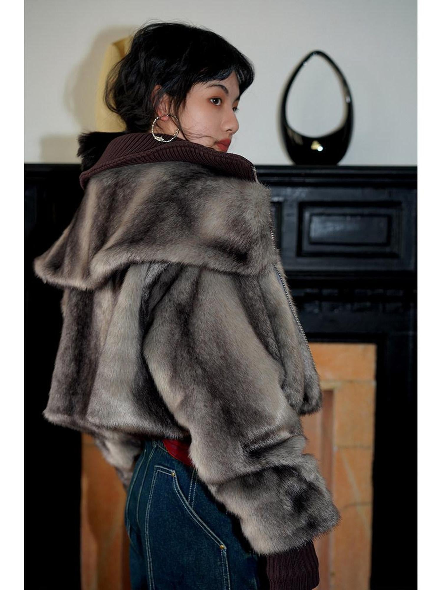 badtaste Western Spliced Short Faux Two Piece Thick Women's Faux Fur Coats