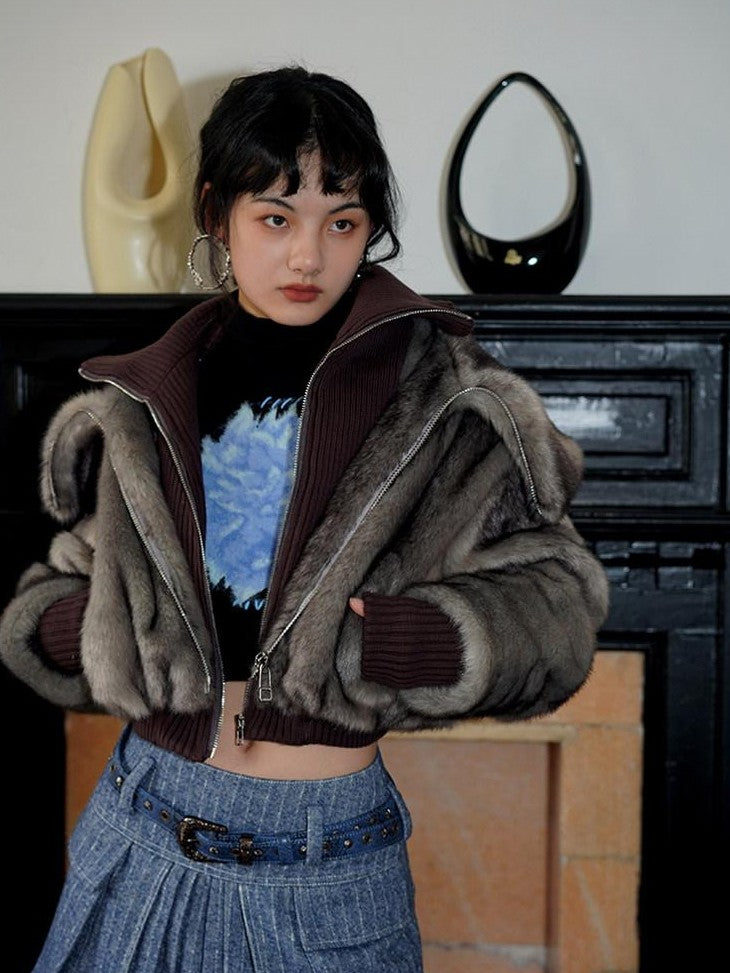 badtaste Western Spliced Short Faux Two Piece Thick Women's Faux Fur Coats