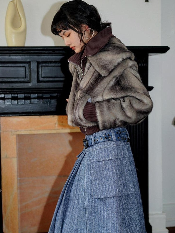 badtaste Western Spliced Short Faux Two Piece Thick Women's Faux Fur Coats