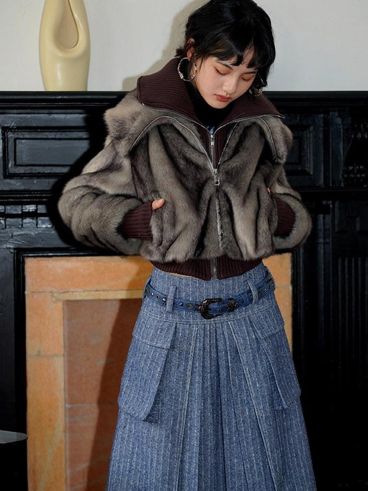 badtaste Western Spliced Short Faux Two Piece Thick Women's Faux Fur Coats