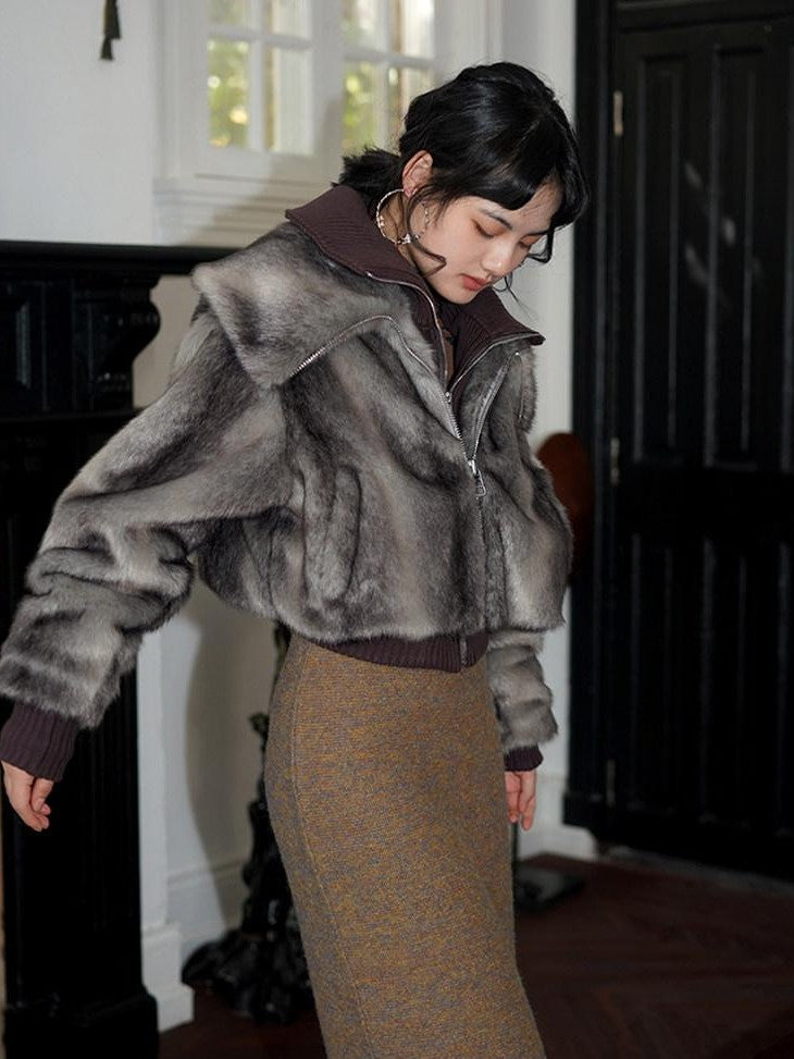 badtaste Western Spliced Short Faux Two Piece Thick Women's Faux Fur Coats