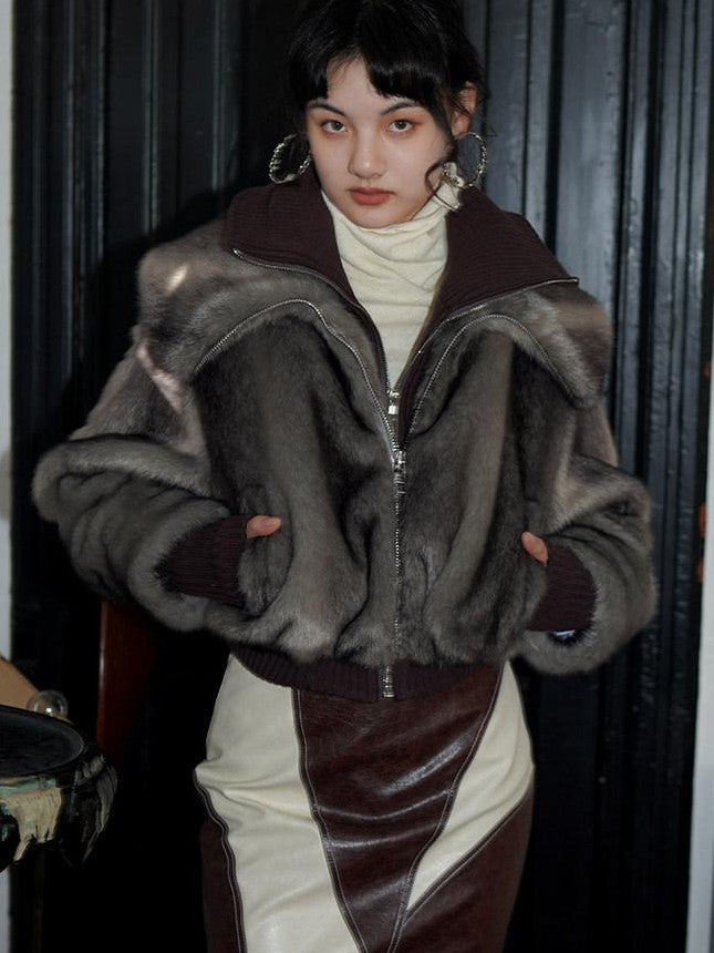 badtaste Western Spliced Short Faux Two Piece Thick Women's Faux Fur Coats