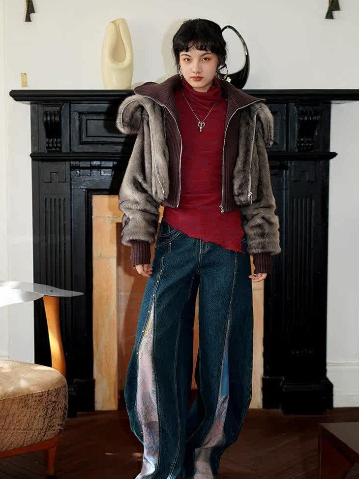 badtaste Western Spliced Short Faux Two Piece Thick Women's Faux Fur Coats