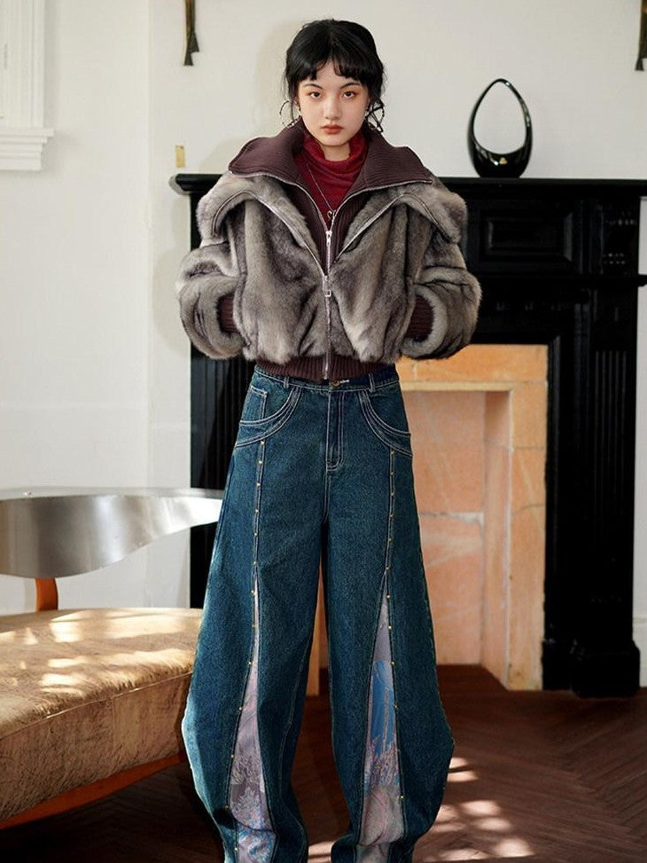 badtaste Western Spliced Short Faux Two Piece Thick Women's Faux Fur Coats