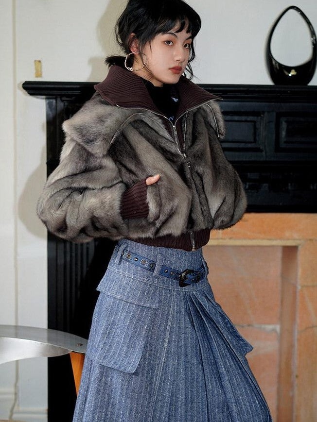 badtaste Western Spliced Short Faux Two Piece Thick Women's Faux Fur Coats