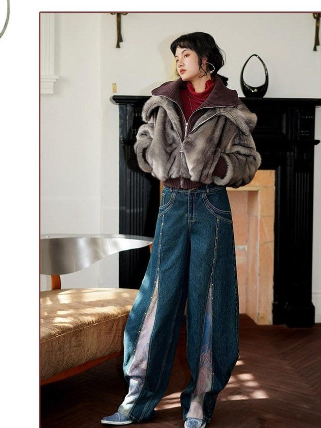 badtaste Western Spliced Short Faux Two Piece Thick Women's Faux Fur Coats