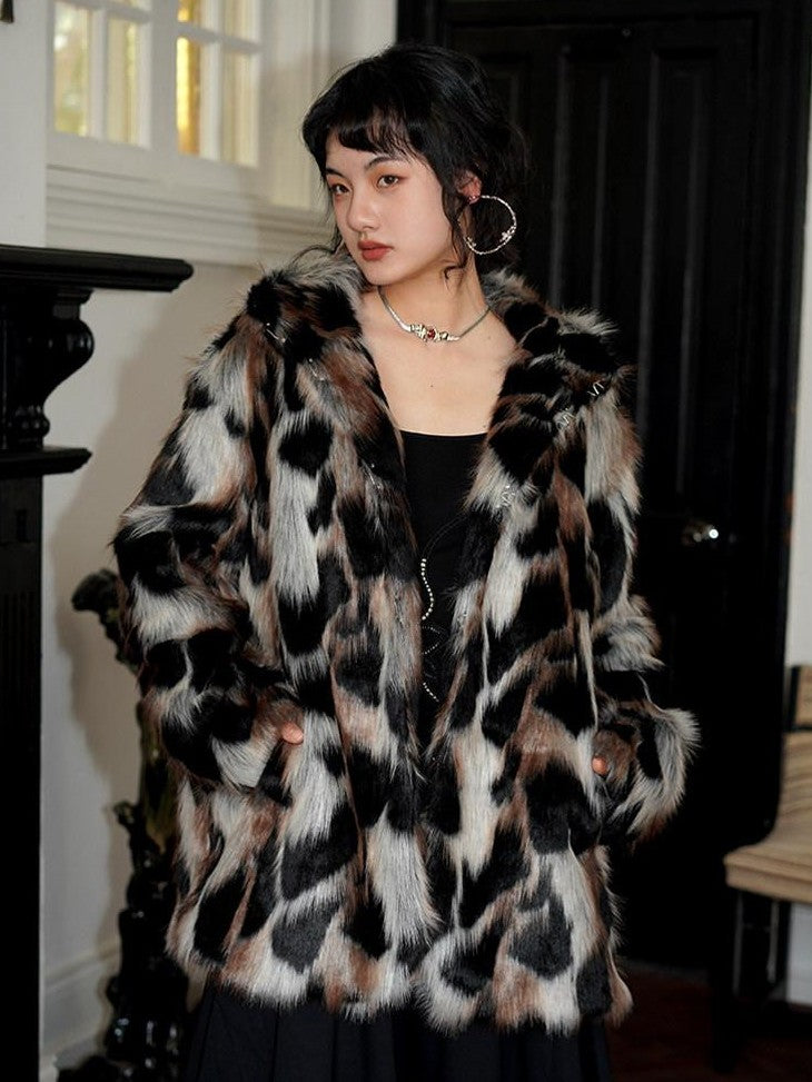 badtaste Western Stand Collar Mid Length Loose Fit Women's Solid Faux Fur Coats