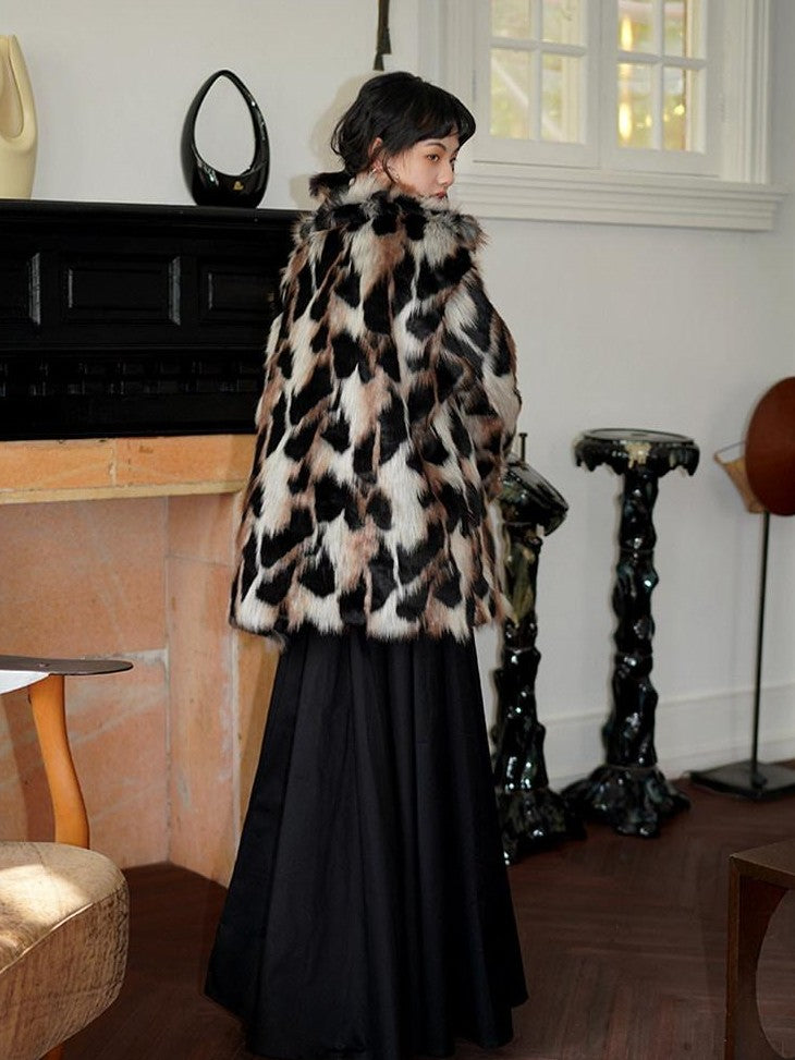 badtaste Western Stand Collar Mid Length Loose Fit Women's Solid Faux Fur Coats