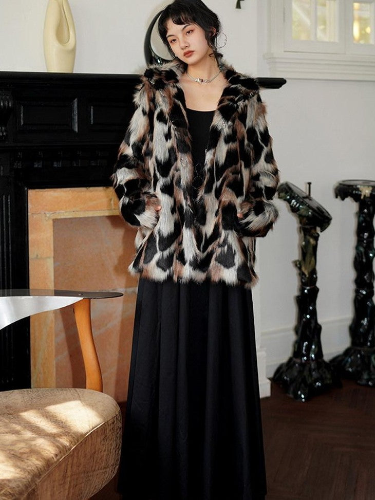 badtaste Western Stand Collar Mid Length Loose Fit Women's Solid Faux Fur Coats