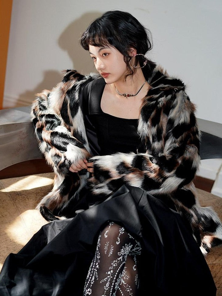badtaste Western Stand Collar Mid Length Loose Fit Women's Solid Faux Fur Coats