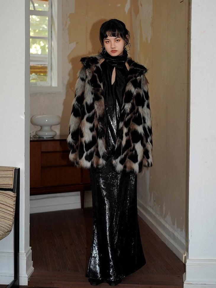 badtaste Western Stand Collar Mid Length Loose Fit Women's Solid Faux Fur Coats