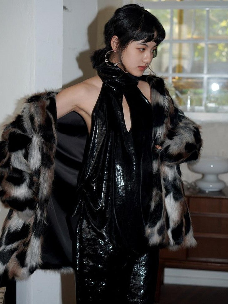badtaste Western Stand Collar Mid Length Loose Fit Women's Solid Faux Fur Coats
