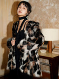 badtaste Western Stand Collar Mid Length Loose Fit Women's Solid Faux Fur Coats