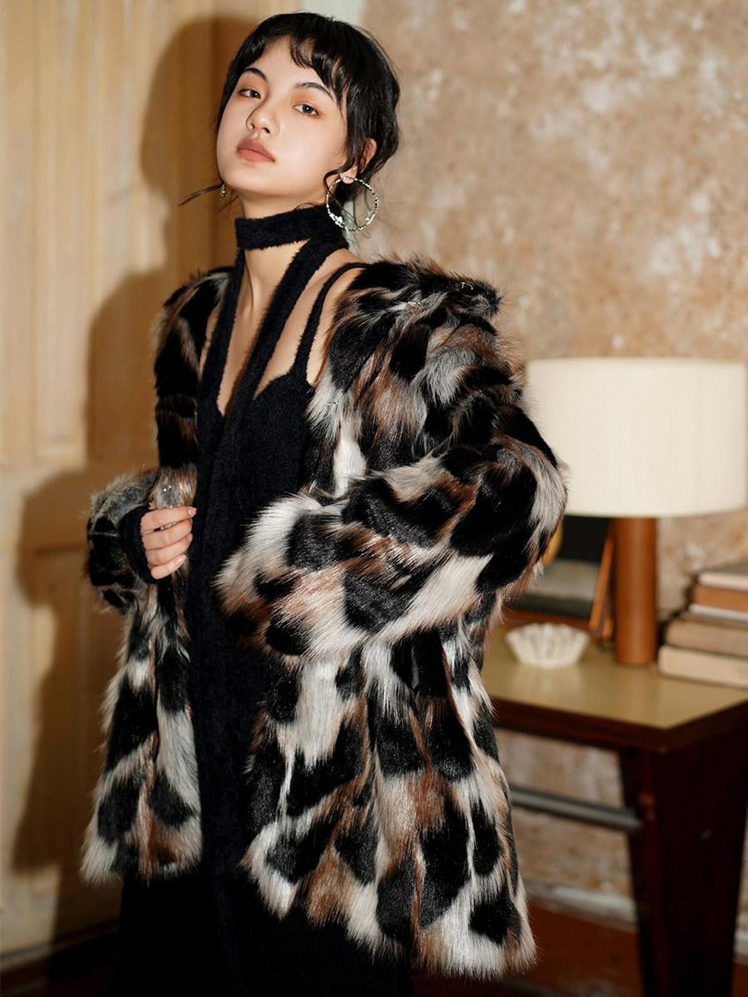 badtaste Western Stand Collar Mid Length Loose Fit Women's Solid Faux Fur Coats