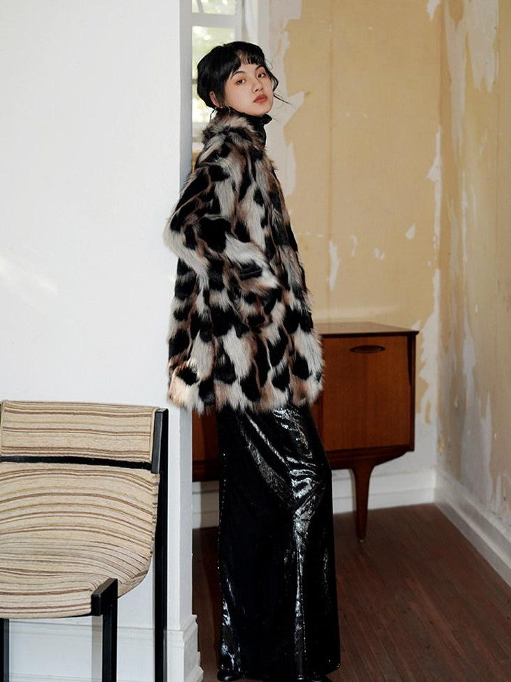 badtaste Western Stand Collar Mid Length Loose Fit Women's Solid Faux Fur Coats