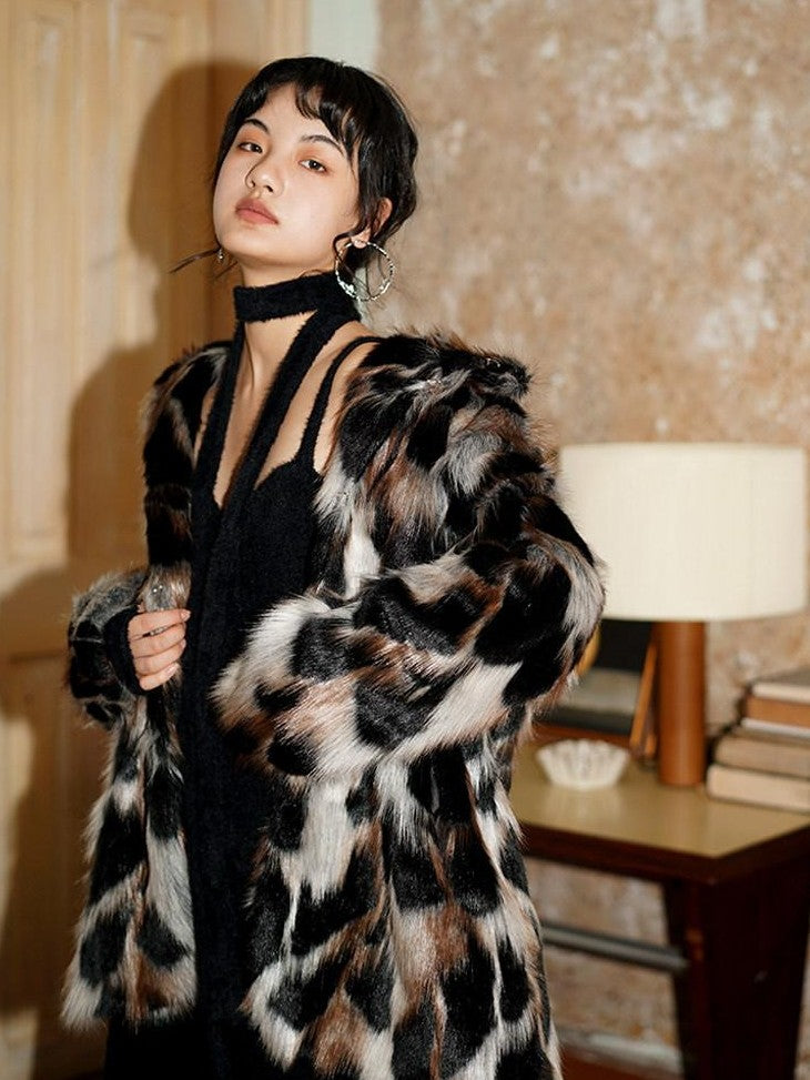 badtaste Western Stand Collar Mid Length Loose Fit Women's Solid Faux Fur Coats