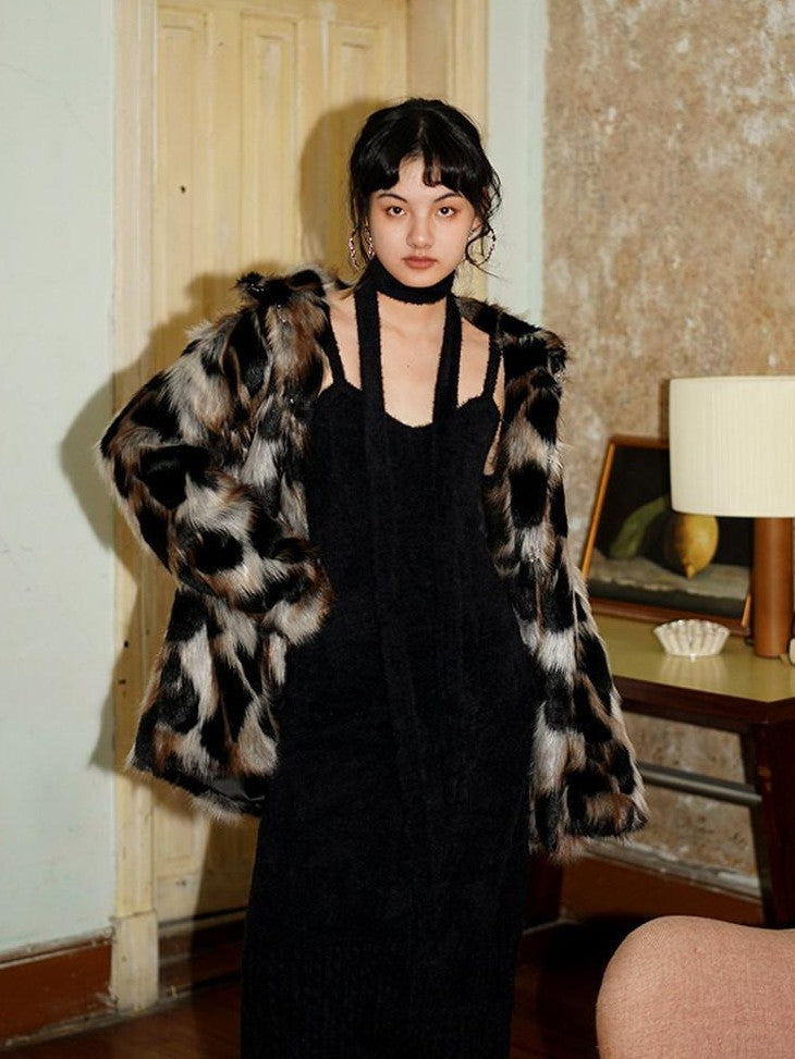 badtaste Western Stand Collar Mid Length Loose Fit Women's Solid Faux Fur Coats