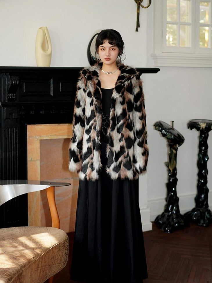 badtaste Western Stand Collar Mid Length Loose Fit Women's Solid Faux Fur Coats