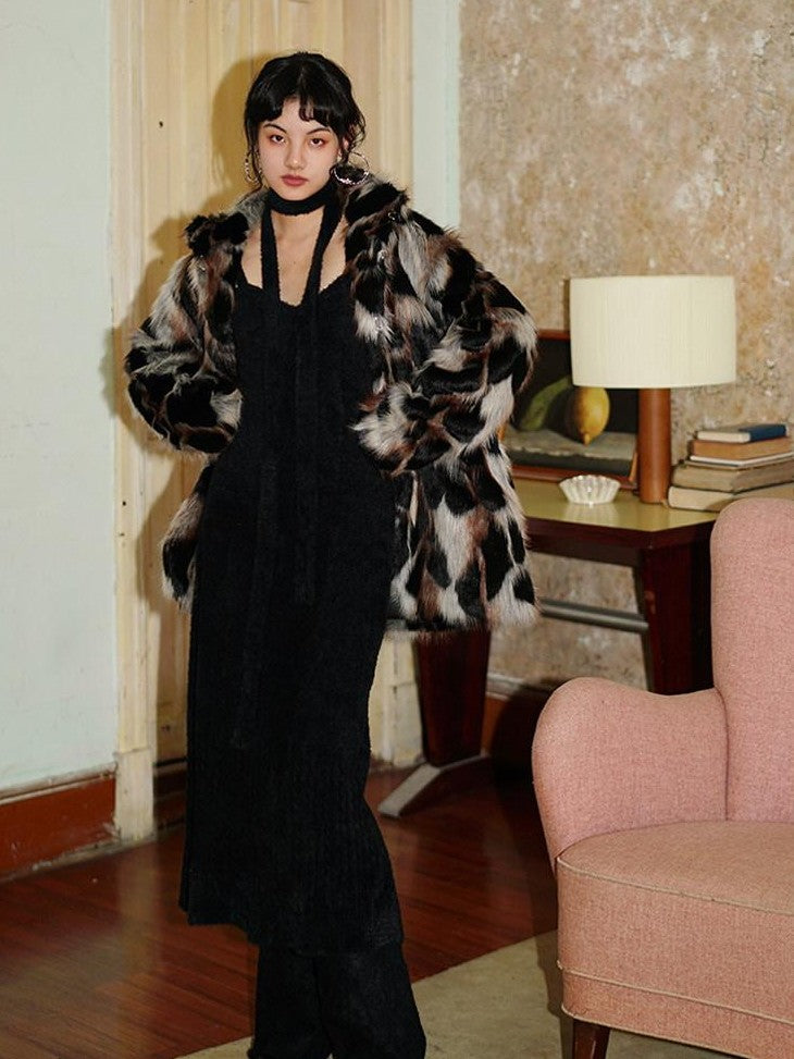 badtaste Western Stand Collar Mid Length Loose Fit Women's Solid Faux Fur Coats