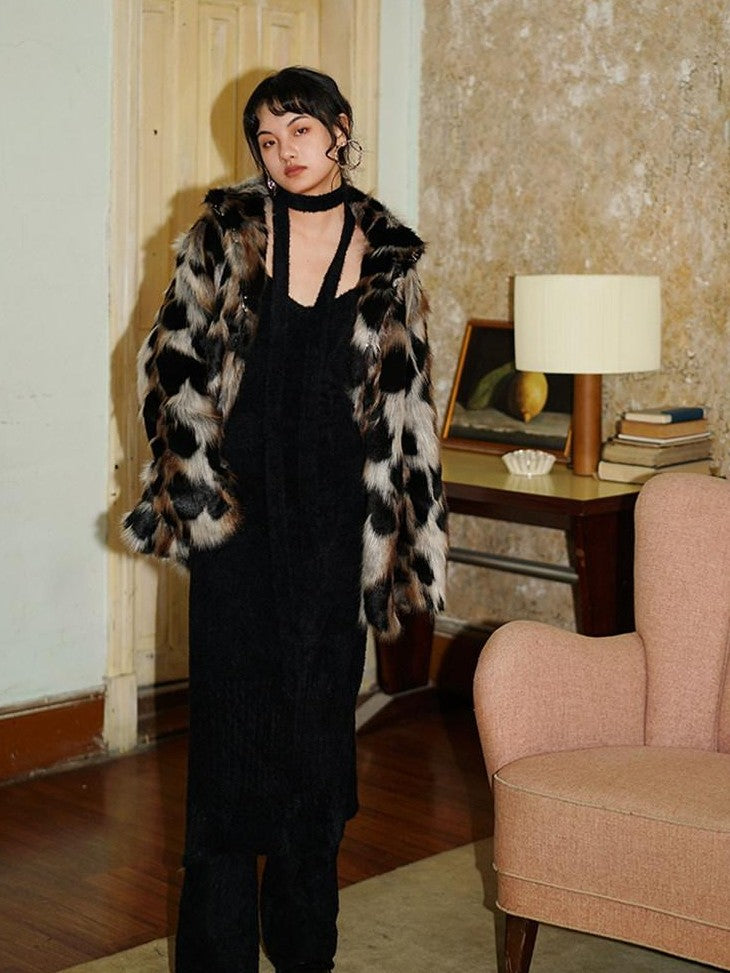 badtaste Western Stand Collar Mid Length Loose Fit Women's Solid Faux Fur Coats