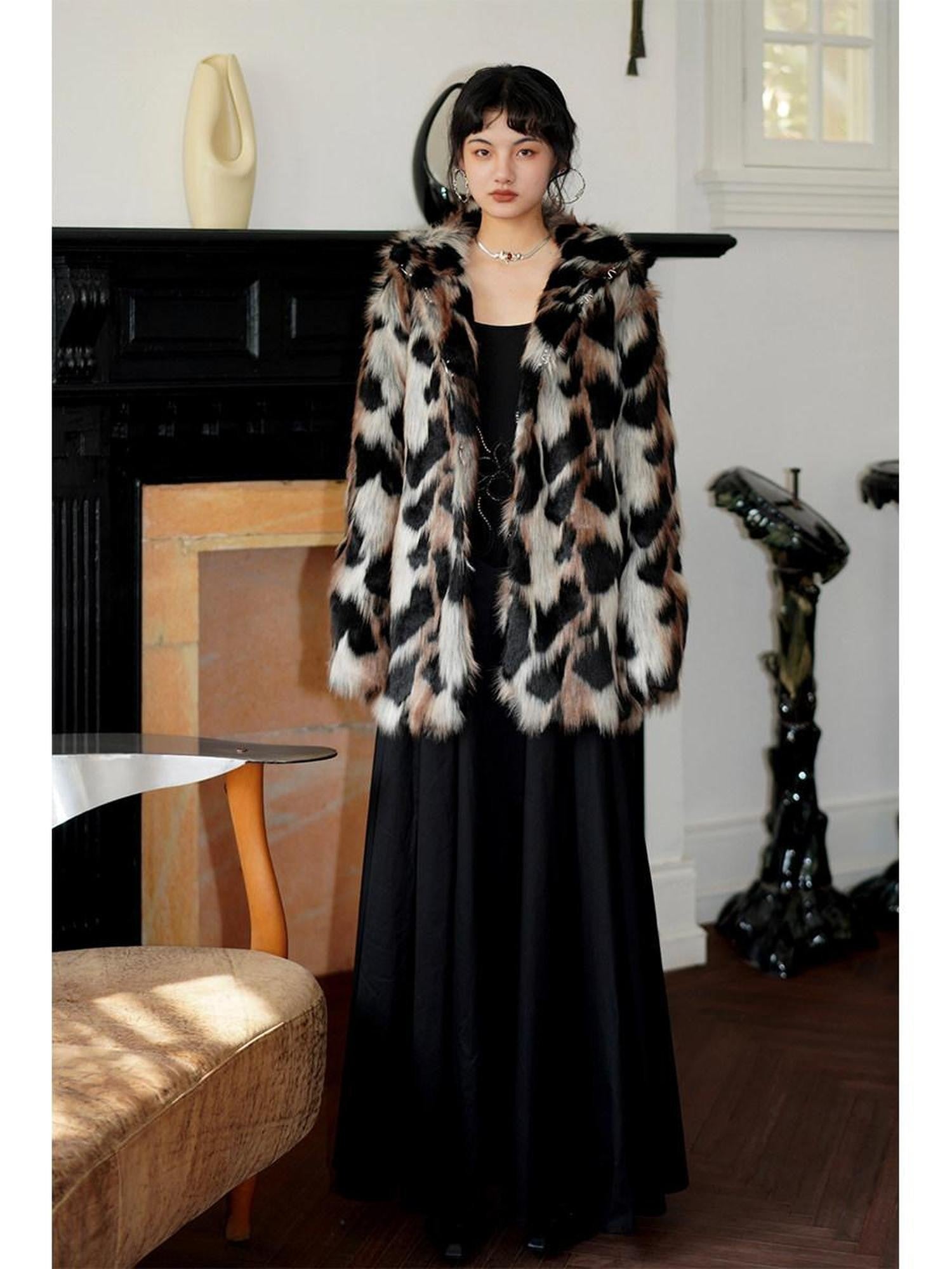 badtaste Western Stand Collar Mid Length Loose Fit Women's Solid Faux Fur Coats