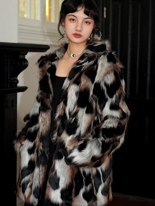 badtaste Western Stand Collar Mid Length Loose Fit Women's Solid Faux Fur Coats