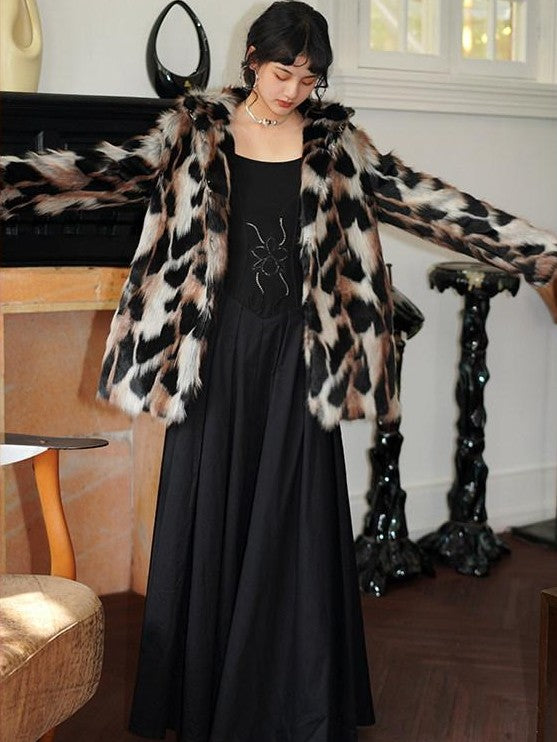 badtaste Western Stand Collar Mid Length Loose Fit Women's Solid Faux Fur Coats