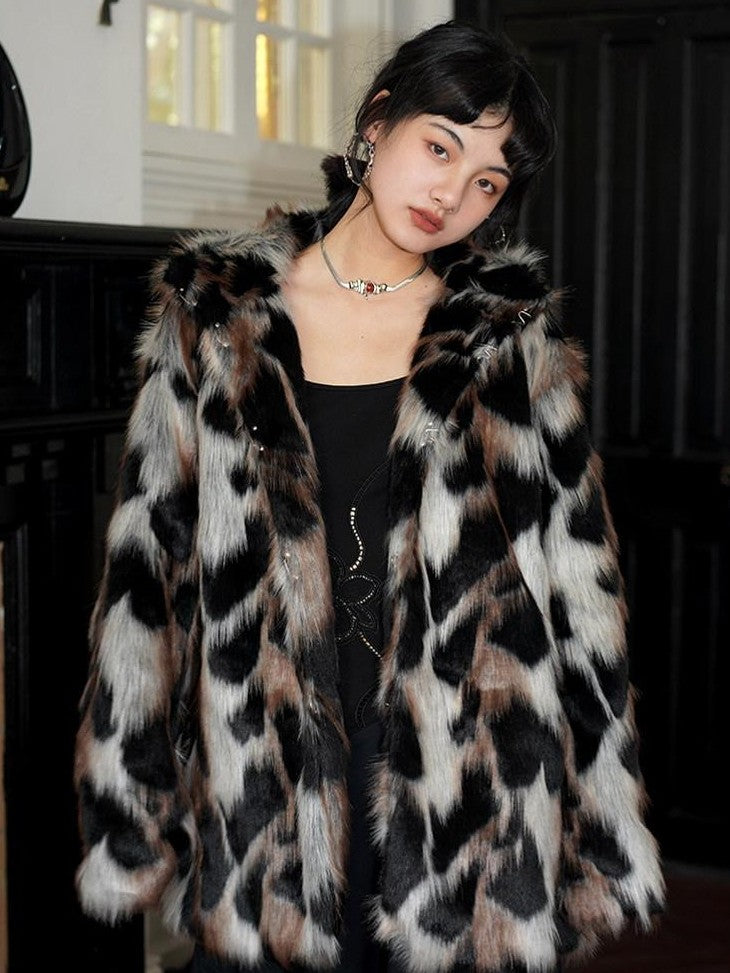 badtaste Western Stand Collar Mid Length Loose Fit Women's Solid Faux Fur Coats