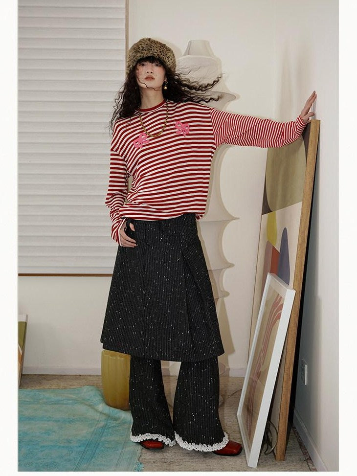 badtaste Western Striped Embroidered Knit Women's Tencel Wool Sweatshirts