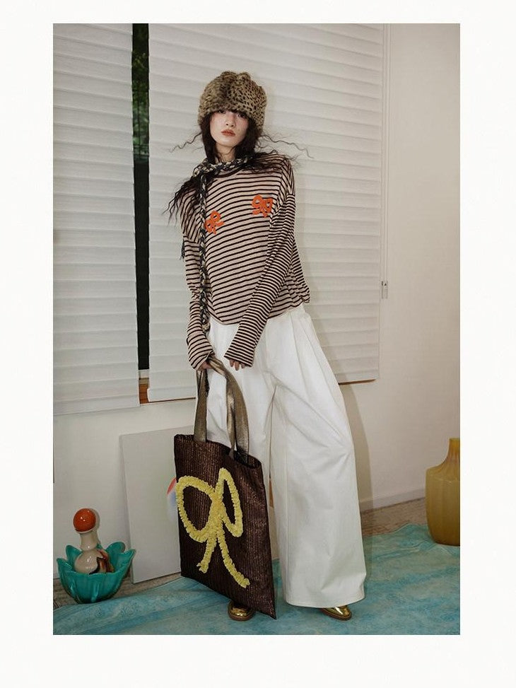 badtaste Western Striped Embroidered Knit Women's Tencel Wool Sweatshirts