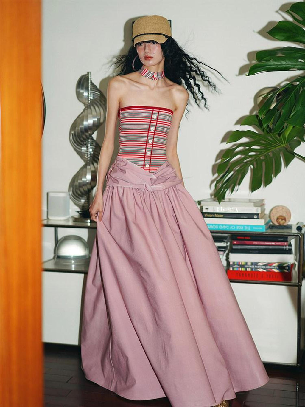 badtaste Western Striped Halter Colorblock Faux Two Piece Women's Strapless Maxi Dresses