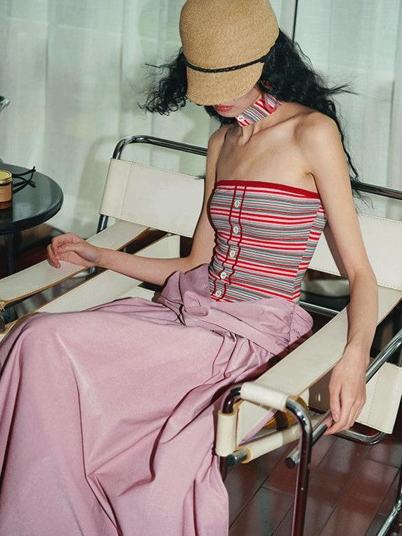 badtaste Western Striped Halter Colorblock Faux Two Piece Women's Strapless Maxi Dresses