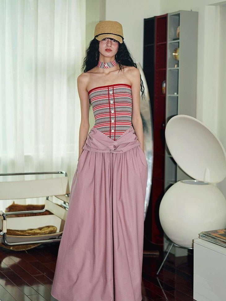 badtaste Western Striped Halter Colorblock Faux Two Piece Women's Strapless Maxi Dresses