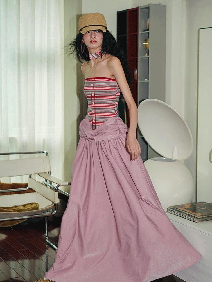 badtaste Western Striped Halter Colorblock Faux Two Piece Women's Strapless Maxi Dresses