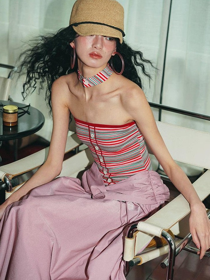 badtaste Western Striped Halter Colorblock Faux Two Piece Women's Strapless Maxi Dresses