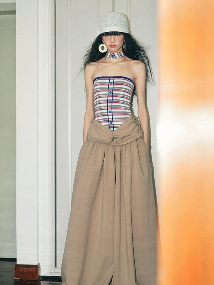 badtaste Western Striped Halter Colorblock Faux Two Piece Women's Strapless Maxi Dresses