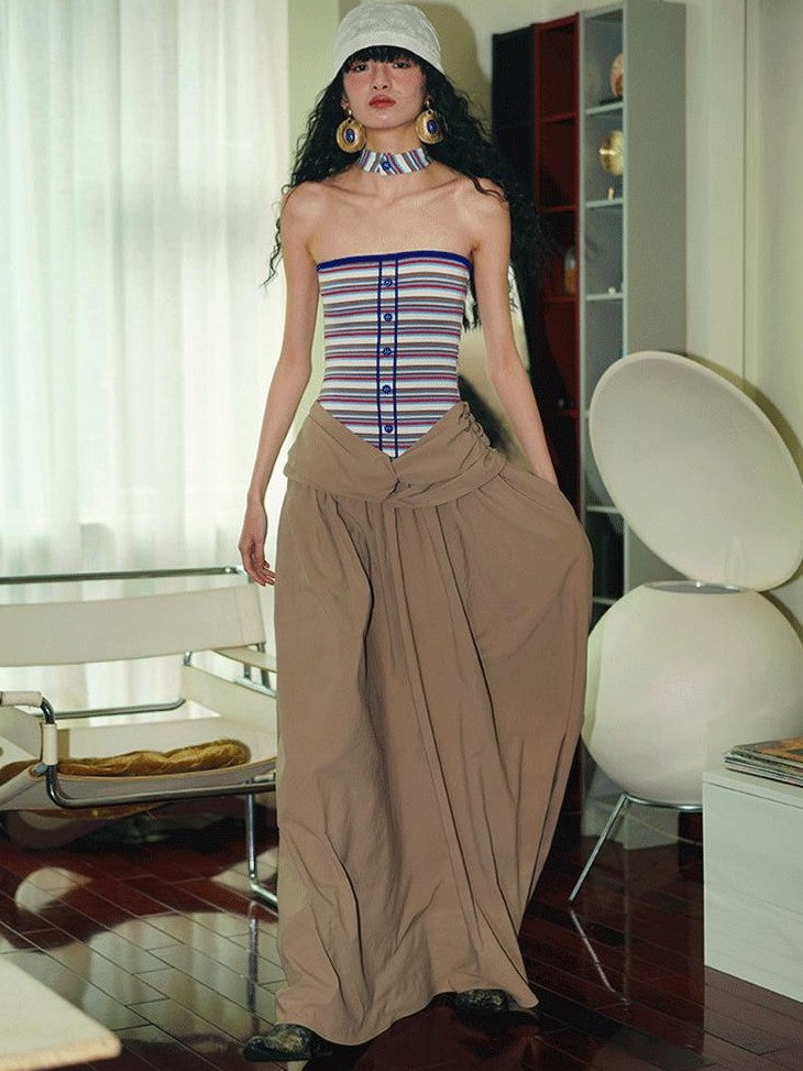 badtaste Western Striped Halter Colorblock Faux Two Piece Women's Strapless Maxi Dresses