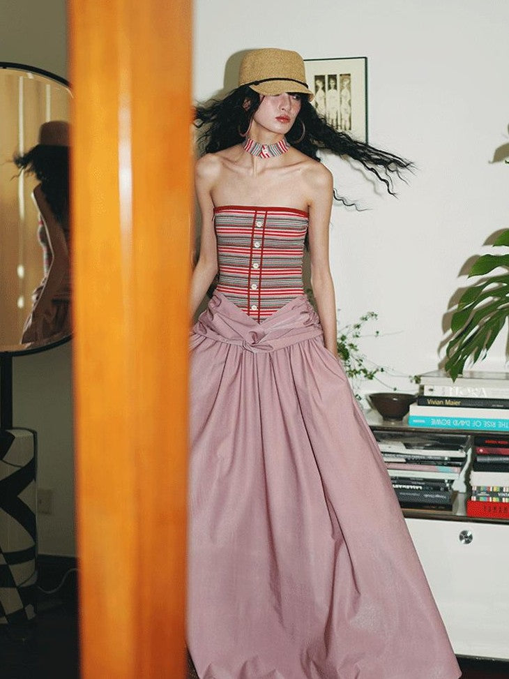 badtaste Western Striped Halter Colorblock Faux Two Piece Women's Strapless Maxi Dresses