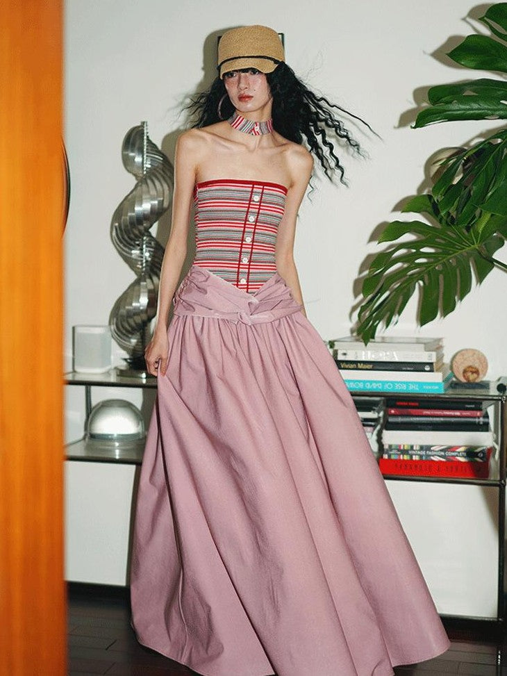 badtaste Western Striped Halter Colorblock Faux Two Piece Women's Strapless Maxi Dresses