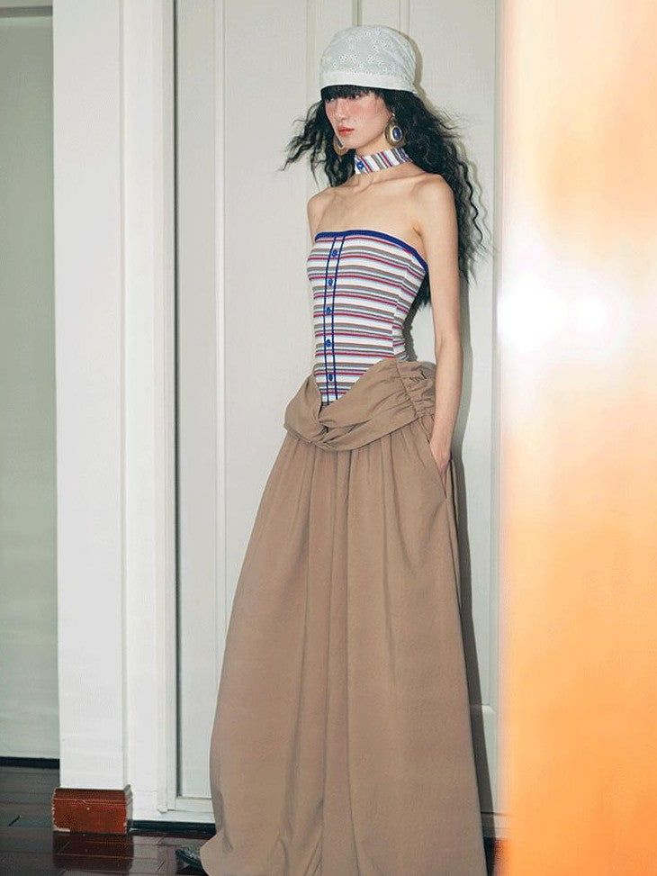 badtaste Western Striped Halter Colorblock Faux Two Piece Women's Strapless Maxi Dresses