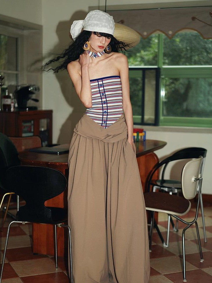 badtaste Western Striped Halter Colorblock Faux Two Piece Women's Strapless Maxi Dresses