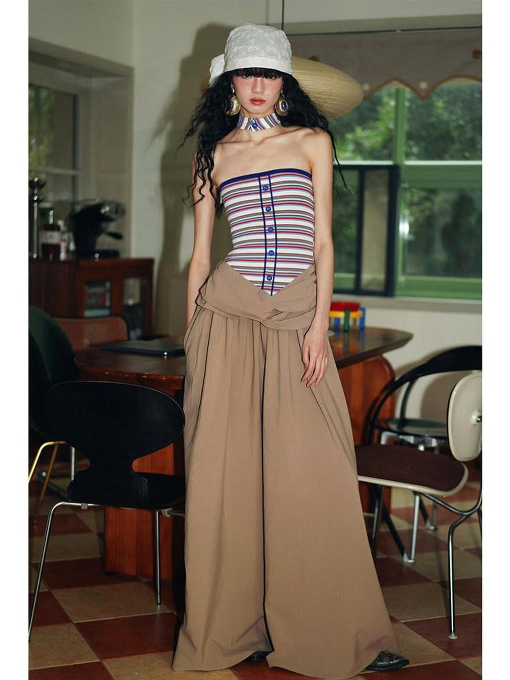 badtaste Western Striped Halter Colorblock Faux Two Piece Women's Strapless Maxi Dresses