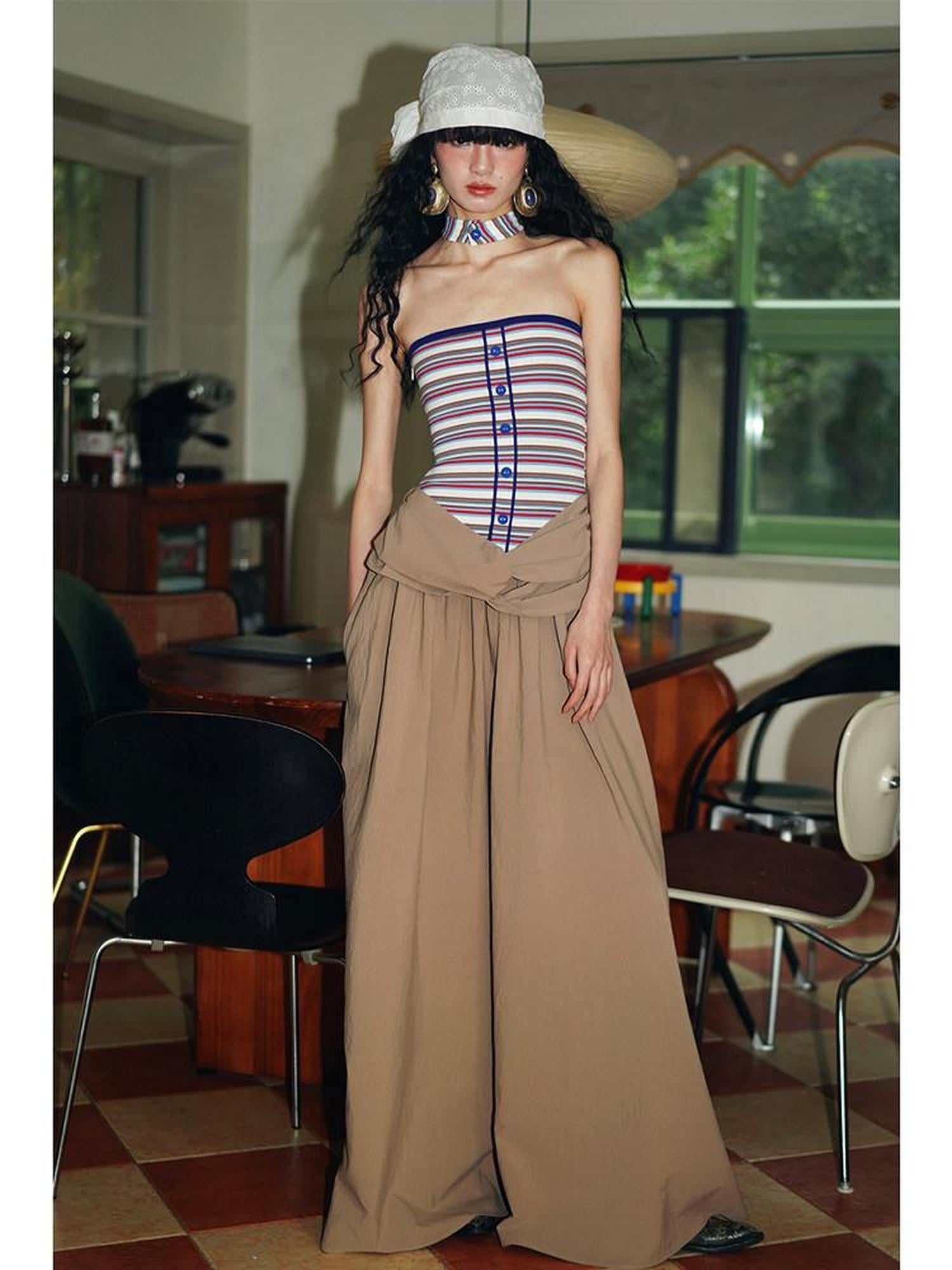 badtaste Western Striped Halter Colorblock Faux Two Piece Women's Strapless Maxi Dresses