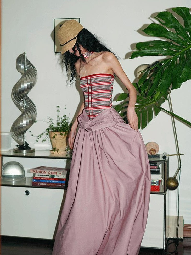 badtaste Western Striped Halter Colorblock Faux Two Piece Women's Strapless Maxi Dresses