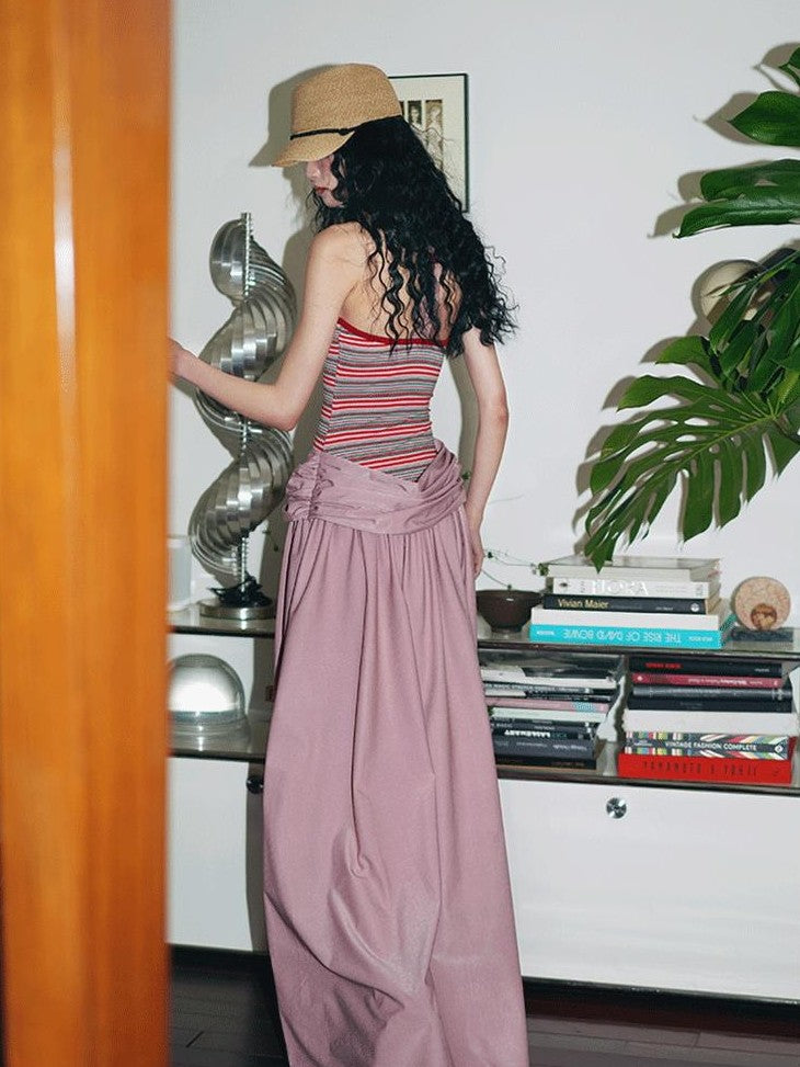 badtaste Western Striped Halter Colorblock Faux Two Piece Women's Strapless Maxi Dresses