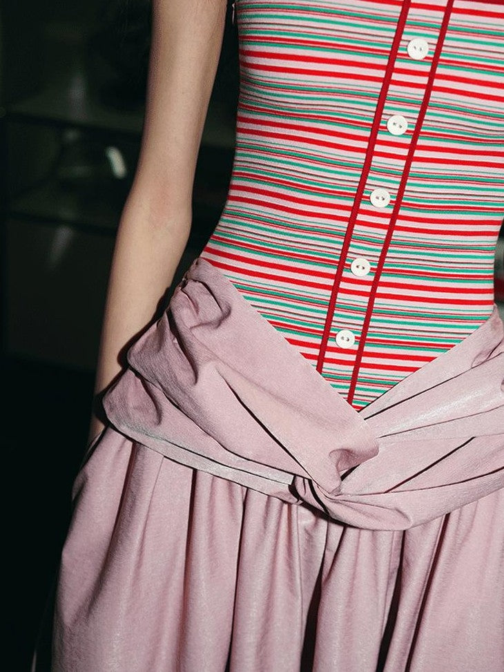 badtaste Western Striped Halter Colorblock Faux Two Piece Women's Strapless Maxi Dresses