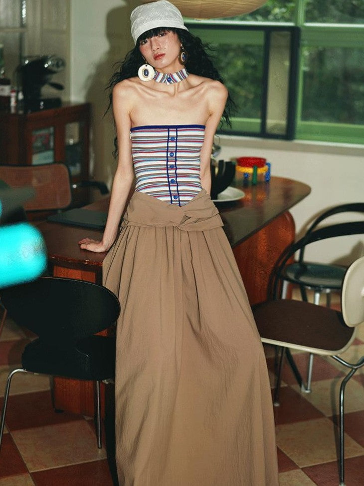 badtaste Western Striped Halter Colorblock Faux Two Piece Women's Strapless Maxi Dresses