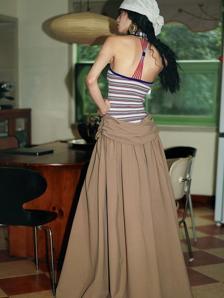 badtaste Western Striped Halter Colorblock Faux Two Piece Women's Strapless Maxi Dresses