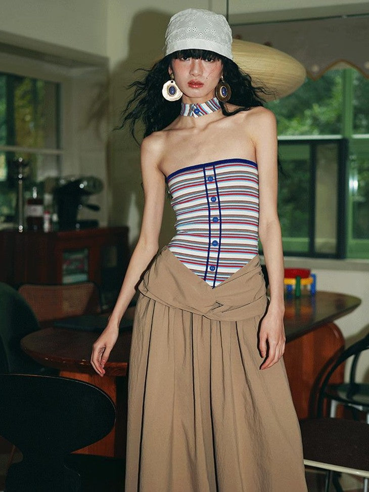 badtaste Western Striped Halter Colorblock Faux Two Piece Women's Strapless Maxi Dresses