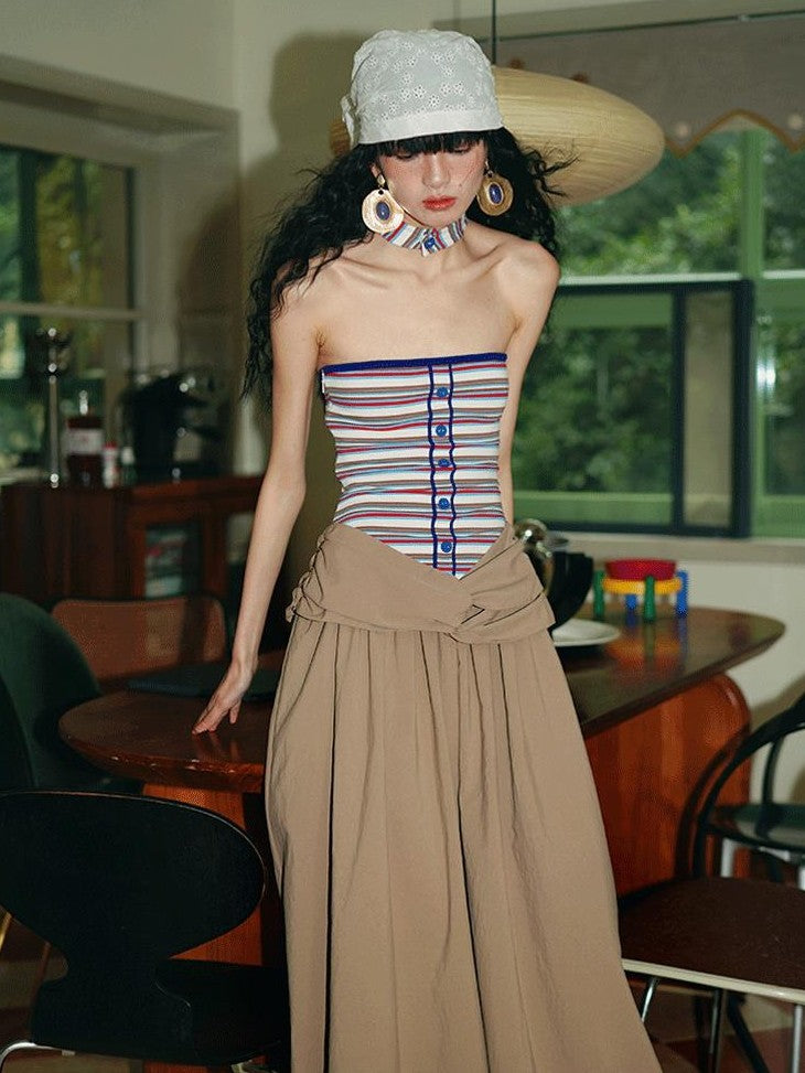 badtaste Western Striped Halter Colorblock Faux Two Piece Women's Strapless Maxi Dresses